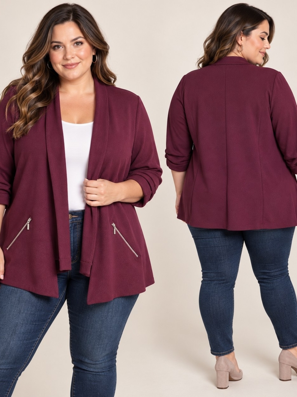 Maurices 3X Burgundy Ruched Sleeve Blazer Contemporary Business Casual Minimalis